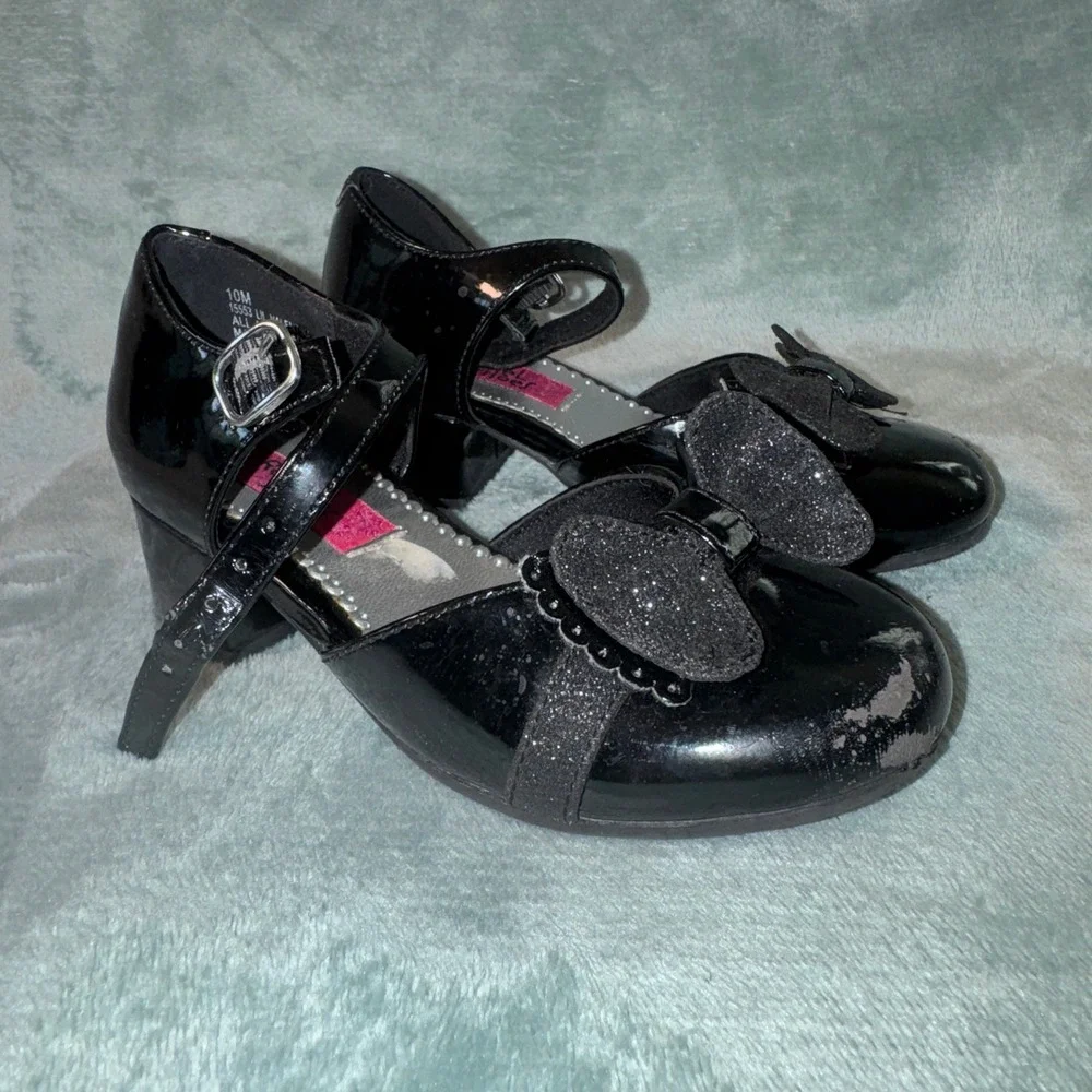 Rachel Shoes Girls Valentina Mary Jane Heel 10M Black Patent Glitter Bow